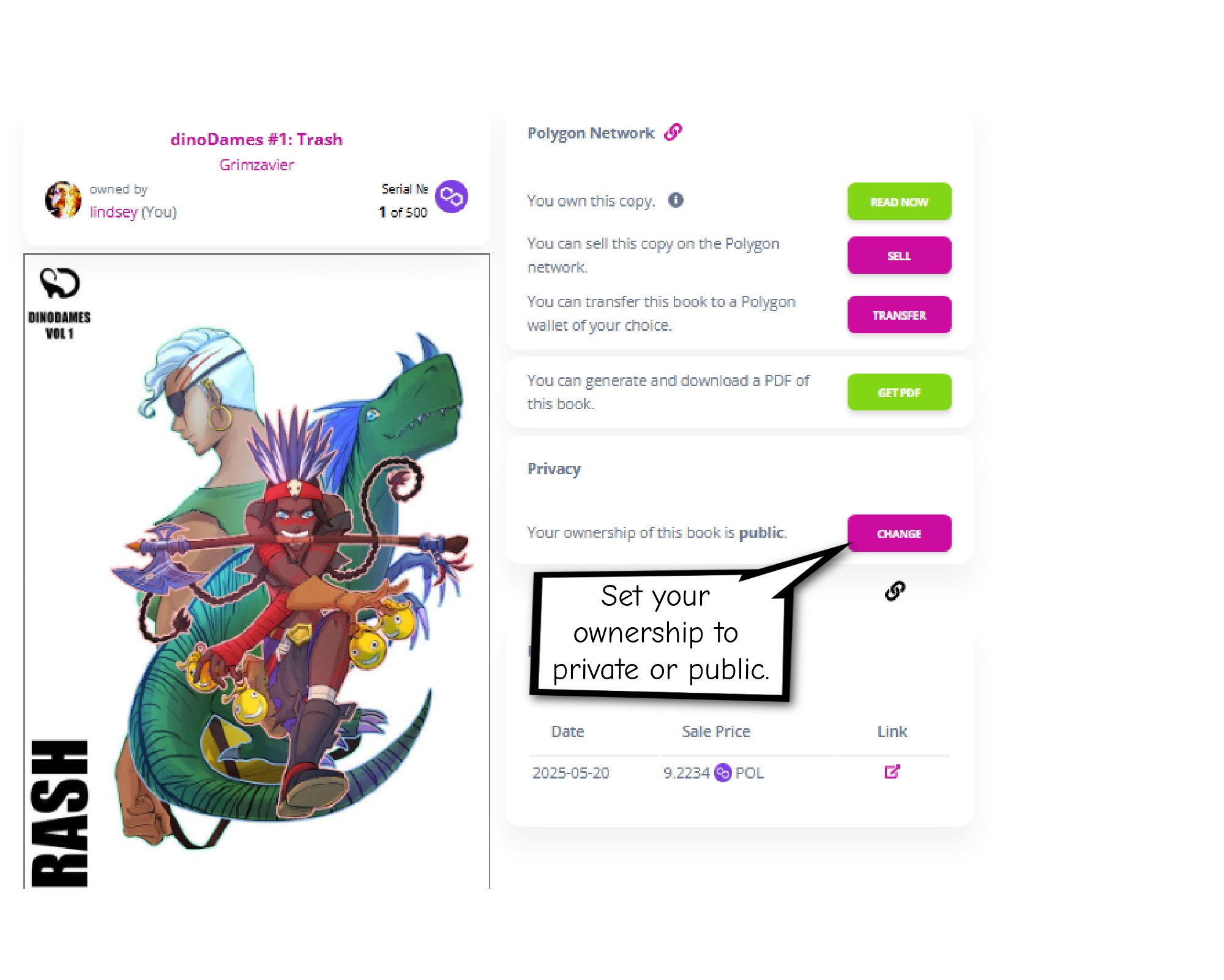 Set ownership of your comic to private